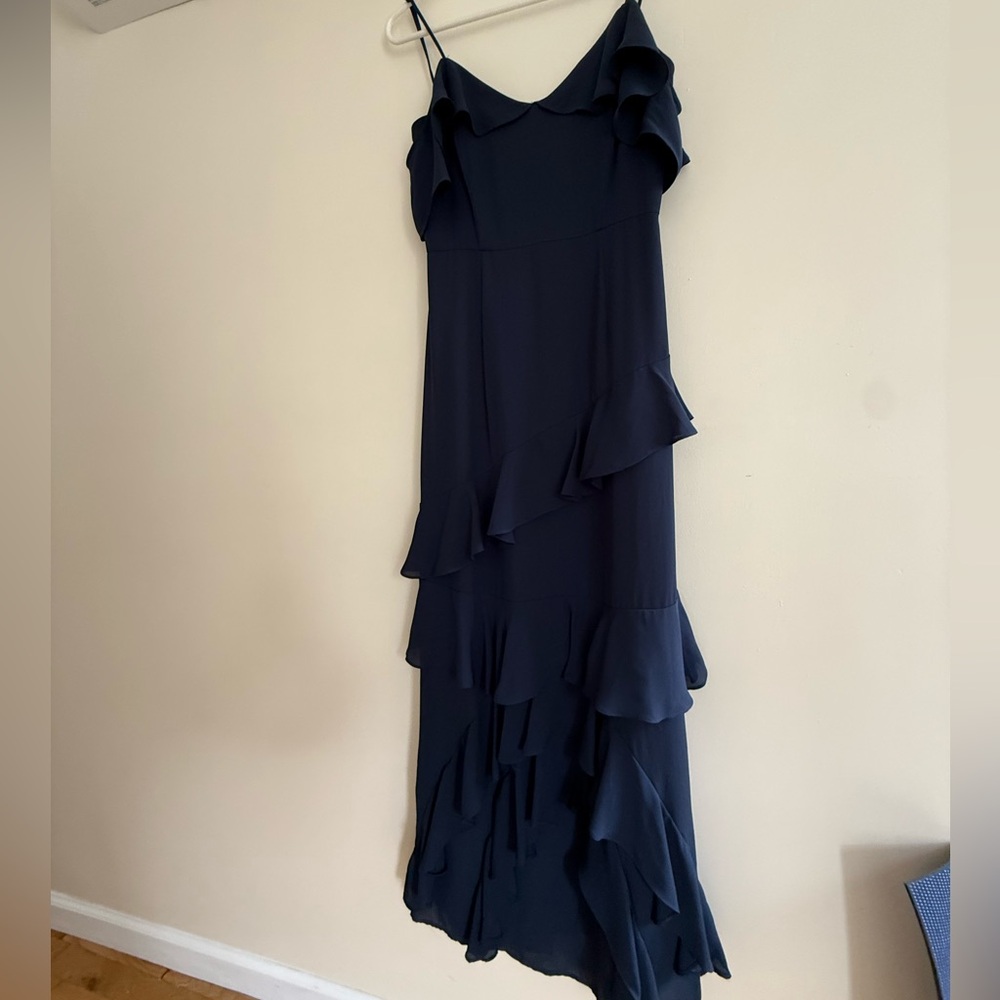 WAYF Danielle Navy Blue Tiered Ruffle Off The Shoulder Maxi Dress Size Small (S)
